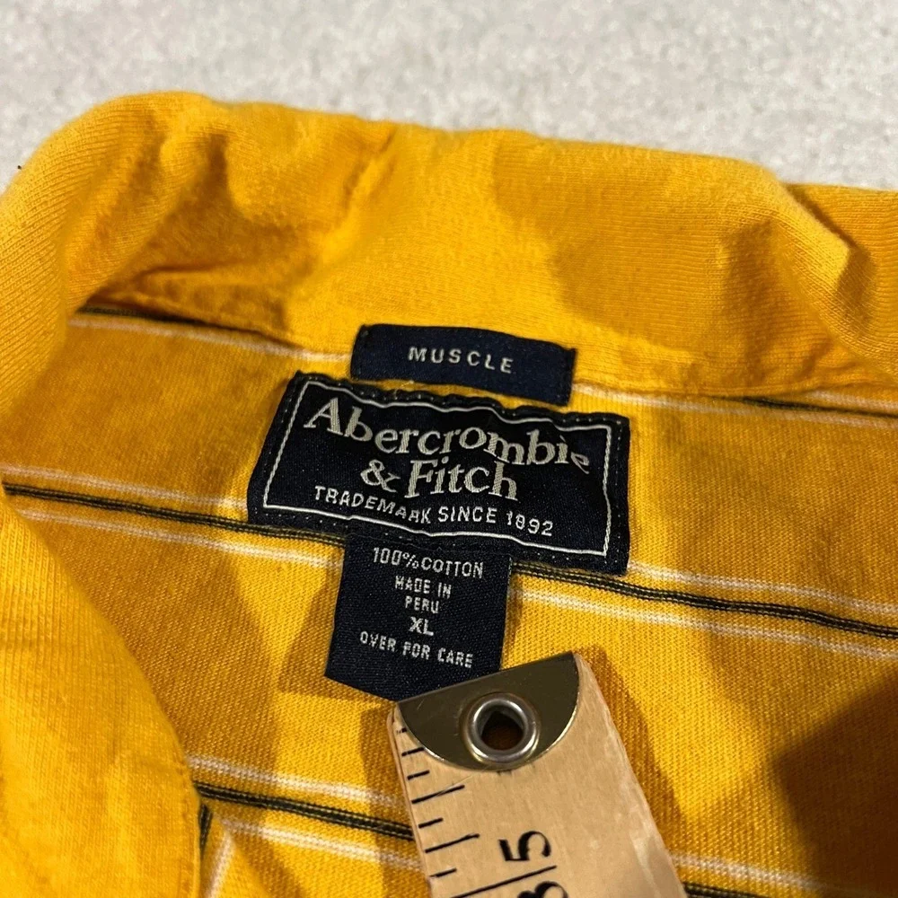 Abercrombie‎ & Fitch Polo Mens XL Yellow Striped Muscle Fit Long Sleeve Vintage